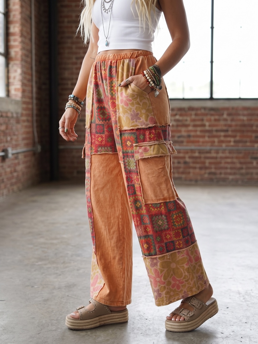 NWT J.Her Granny Square Tile Boho Print Cargo Pocket Pants - Picture 9 of 14